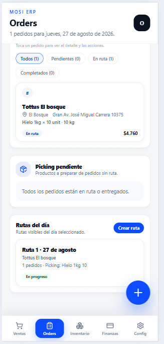 Vista de pedidos y rutas de MOSI ERP en la aplicación móvil