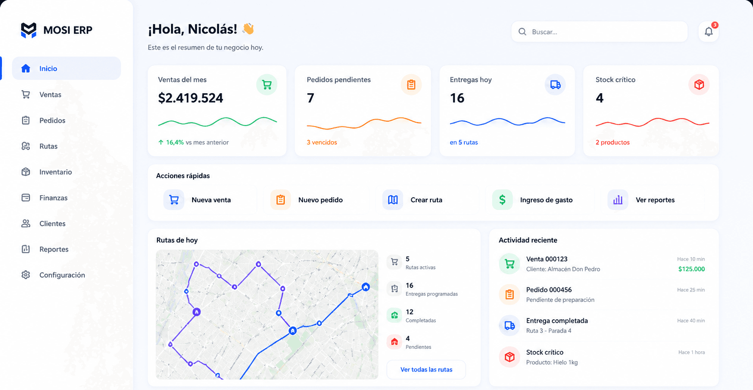 Dashboard principal de MOSI ERP con ventas del mes, pedidos pendientes, entregas y mapa de rutas