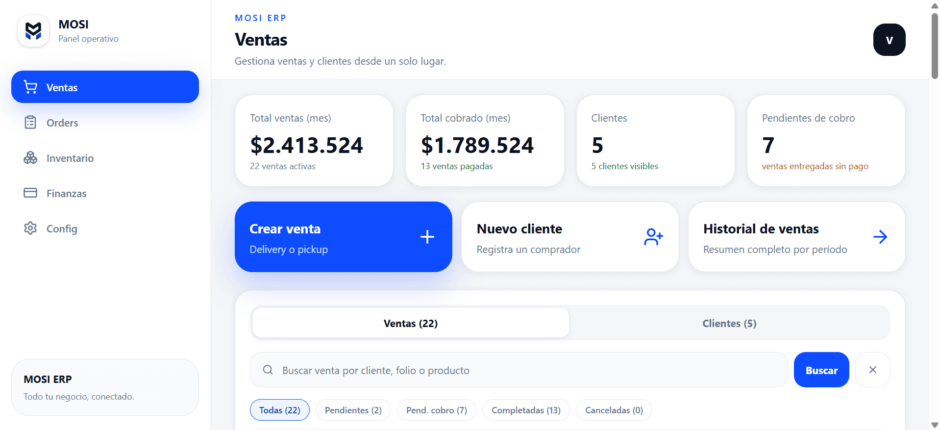 Módulo de ventas de MOSI ERP con historial de ventas, clientes y pendientes de cobro